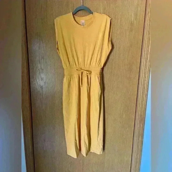 Calia Dress Womens S Extended Shoulder Midi Tank Cinched Waist Pockets Yellow - Picture 3 of 8